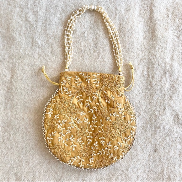 Vintage Victorian Renaissance faire pearl drawstring purse - Picture 4 of 6